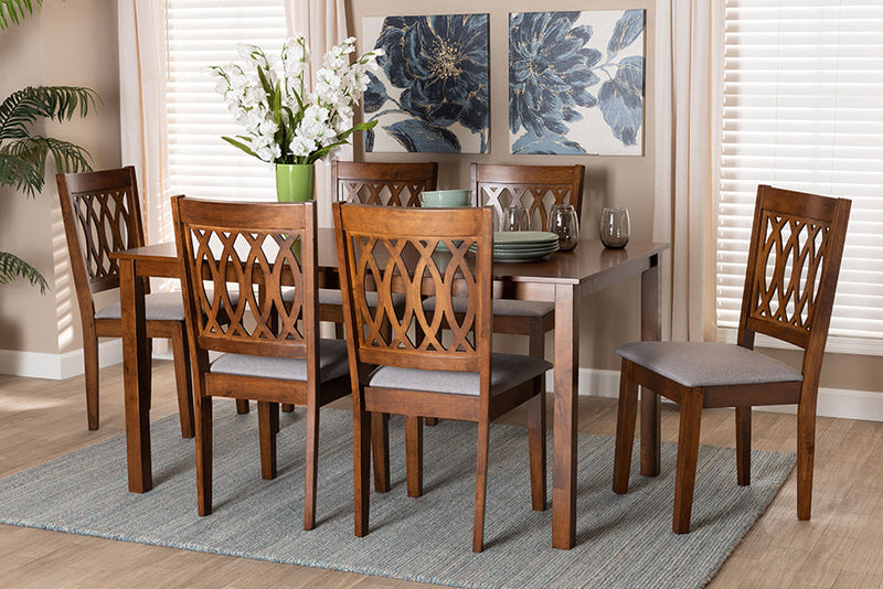 Kiara Modern Gray Fabric and Walnut Brown 7-Piece Dining Set Baxton