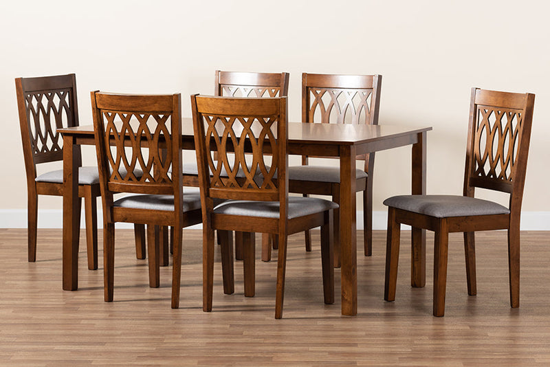 Kiara Modern Gray Fabric and Walnut Brown 7-Piece Dining Set Baxton
