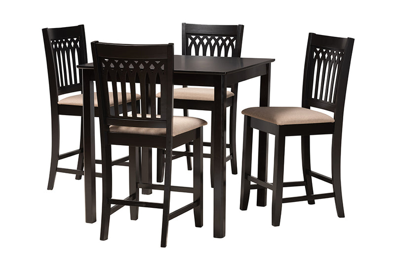 Oteria Modern Beige Fabric and Dark Brown Finished Wood 5-Piece Pub Set