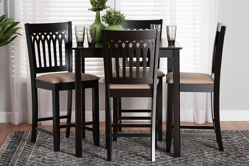 Oteria Modern Beige Fabric and Dark Brown Finished Wood 5-Piece Pub Set