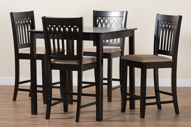 Oteria Modern Beige Fabric and Dark Brown Finished Wood 5-Piece Pub Set