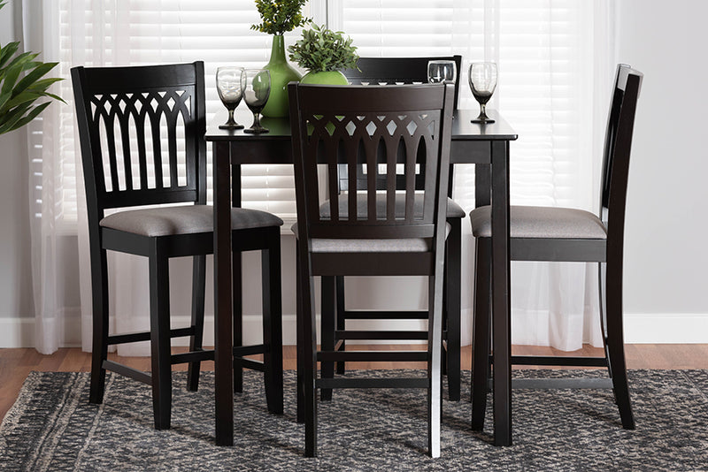 Oteria Modern Gray Fabric and Dark Brown Finished Wood 5-Piece Pub Set