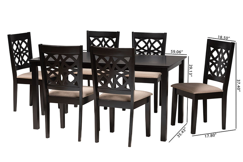 Lucy Modern Beige Fabric and Dark Brown 7-Piece Dining Set Baxton