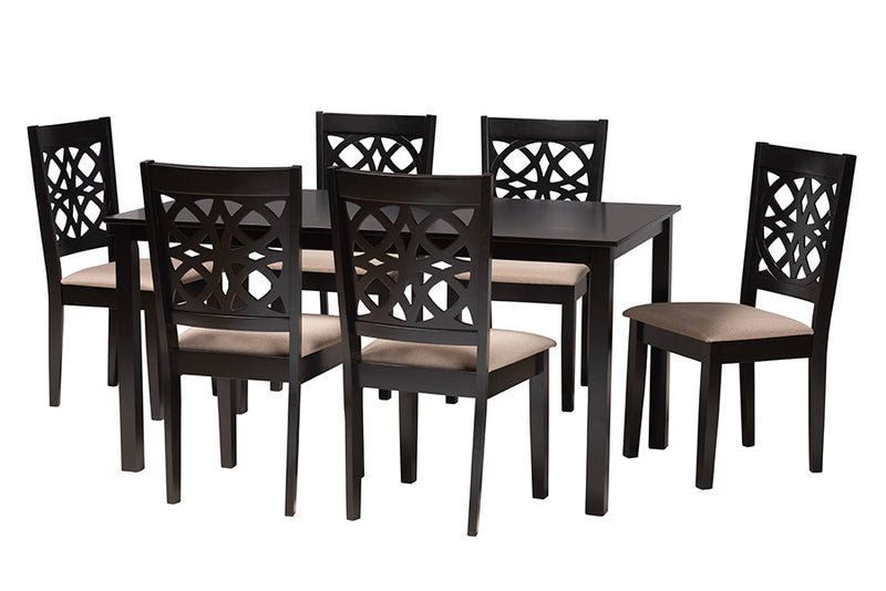 Lucy Modern Beige Fabric and Dark Brown 7-Piece Dining Set Baxton