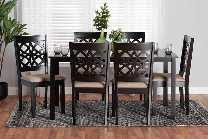 Lucy Modern Beige Fabric and Dark Brown Finished Wood 7-Piece Dining Set