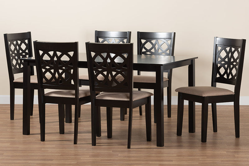 Lucy Modern Beige Fabric and Dark Brown 7-Piece Dining Set Baxton