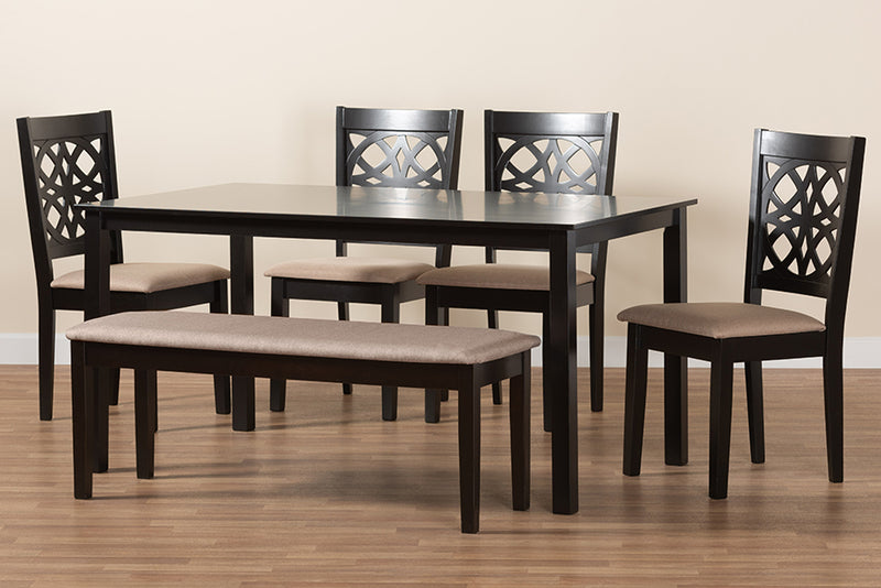 Lucy Modern Beige Fabric and Dark Brown Finished Wood 6-Piece Dining Set