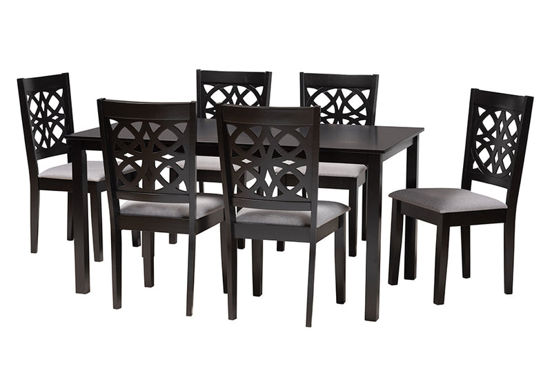 Lucy Modern Gray Fabric and Dark Brown 7-Piece Dining Set Baxton
