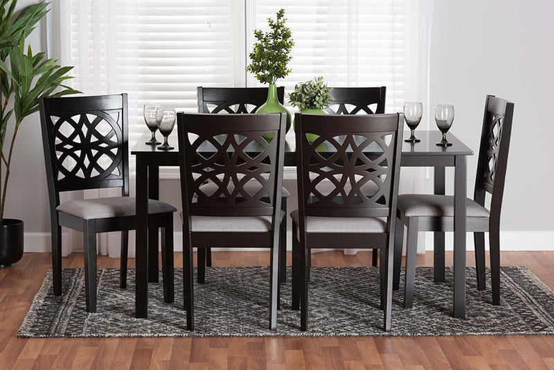 Lucy Modern Gray Fabric and Dark Brown 7-Piece Dining Set Baxton
