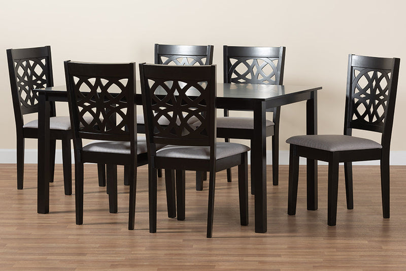 Lucy Modern Gray Fabric and Dark Brown 7-Piece Dining Set Baxton