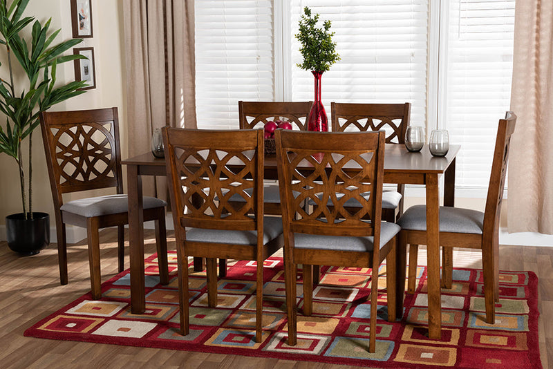 Lucy Modern Gray Fabric and Walnut Brown 7-Piece Dining Set Baxton