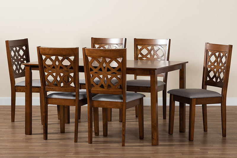 Lucy Modern Gray Fabric and Walnut Brown 7-Piece Dining Set Baxton