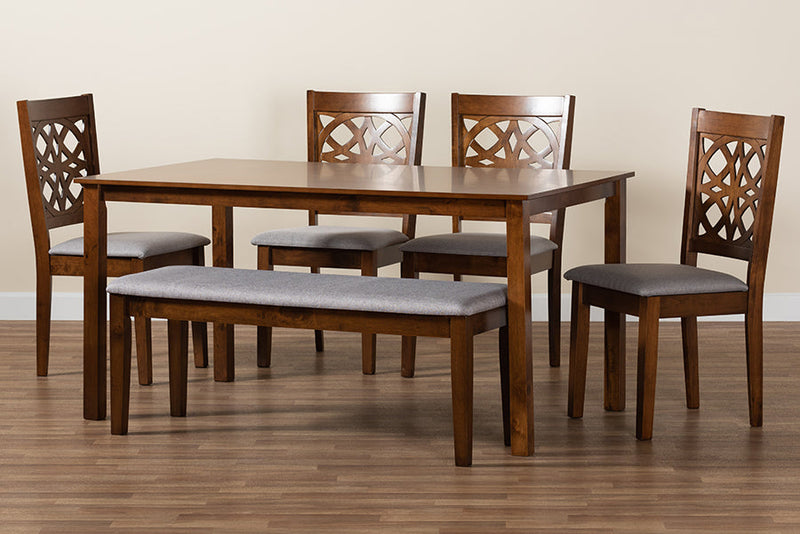 Lucy Modern Gray Fabric and Walnut Brown 6-Piece Dining Set Baxton