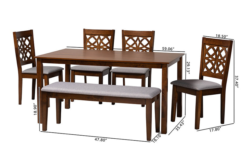 Lucy Modern Gray Fabric and Walnut Brown 6-Piece Dining Set Baxton