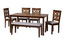 Lucy Modern Gray Fabric and Walnut Brown 6-Piece Dining Set Baxton