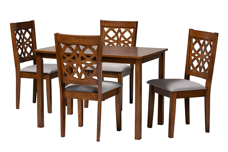 Lucy Modern Gray Fabric and Walnut Brown 5-Piece Dining Set Baxton