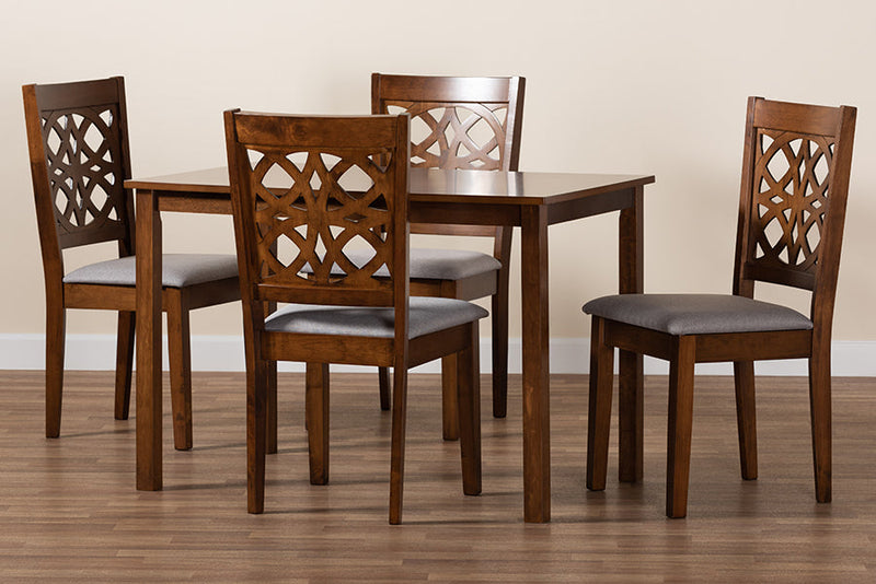 Lucy Modern Gray Fabric and Walnut Brown 5-Piece Dining Set Baxton