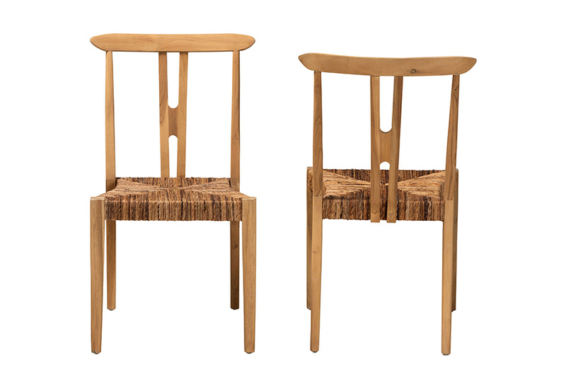 Wanda Modern Bohemian Natural Brown Teak Wood and Seagrass 2-Piece Dining Chair Set