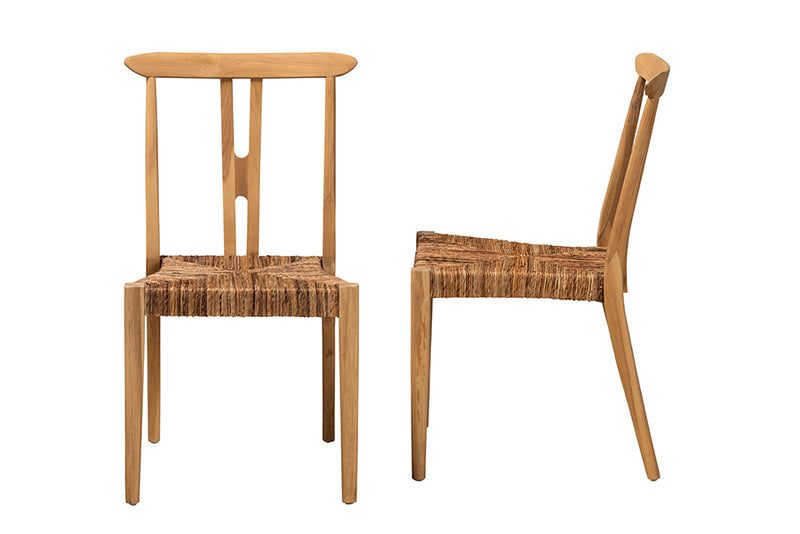 Wanda Modern Bohemian Natural Brown Teak Wood and Seagrass 2-Piece Dining Chair Set