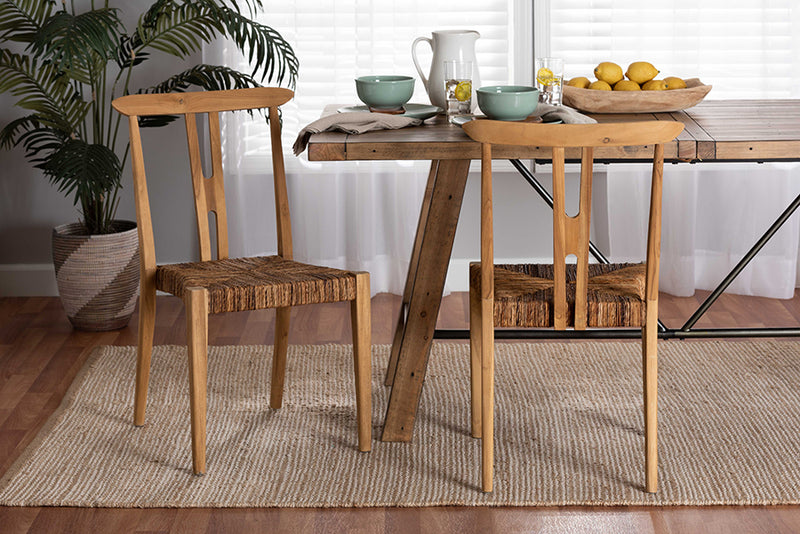 Wanda Modern Bohemian Natural Brown Teak Wood and Seagrass 2-Piece Dining Chair Set