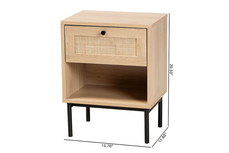 Cosma Light Brown and Black 1-Drawer End Table w/Woven Rattan Accent Baxton