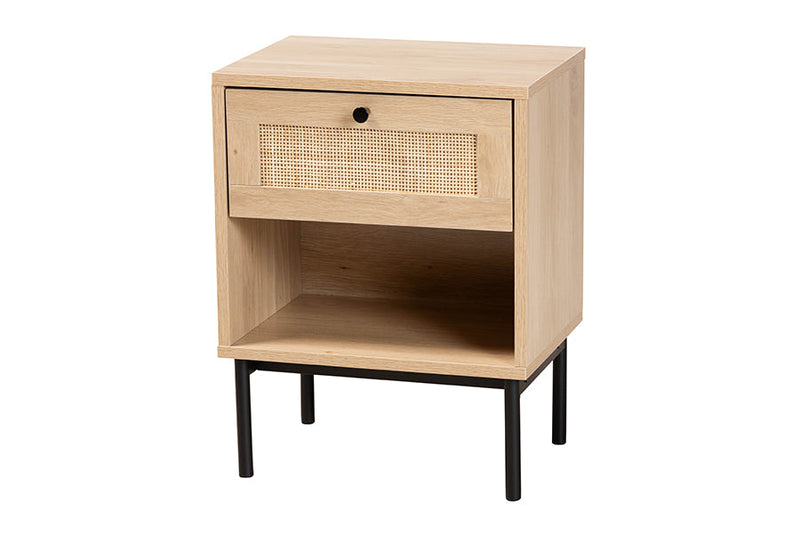 Cosma Light Brown and Black 1-Drawer End Table w/Woven Rattan Accent Baxton
