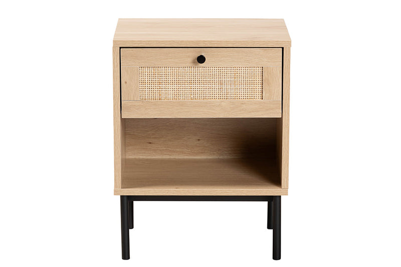 Cosma Light Brown and Black 1-Drawer End Table w/Woven Rattan Accent Baxton