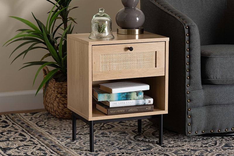 Cosma Mid-Century Modern Light Brown and Black 1-Drawer End Table w/Woven Rattan Accent