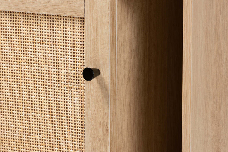Cosma Light Brown and Black 1-Door Cabinet w/Woven Rattan Accent Baxton