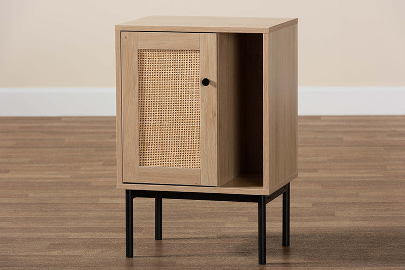 Cosma Light Brown and Black 1-Door Cabinet w/Woven Rattan Accent Baxton