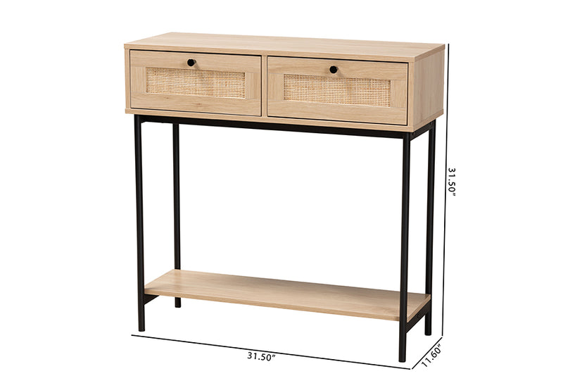 Cosma Mid-Century Modern Light Brown  and Black 2-Drawer Console Table w/Woven Rattan Accent