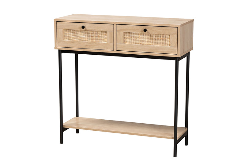 Cosma Mid-Century Modern Light Brown  and Black 2-Drawer Console Table w/Woven Rattan Accent