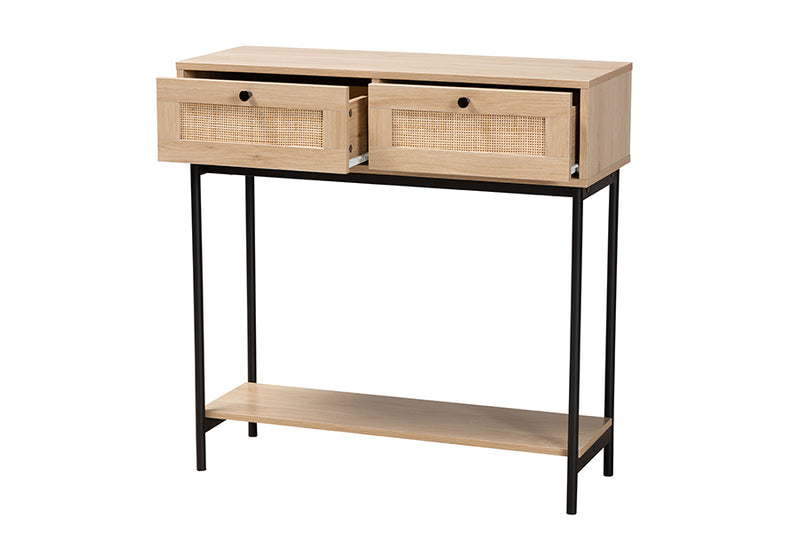 Cosma Mid-Century Modern Light Brown  and Black 2-Drawer Console Table w/Woven Rattan Accent