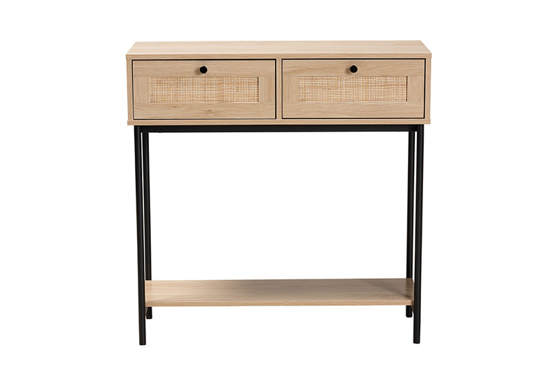 Cosma Mid-Century Modern Light Brown  and Black 2-Drawer Console Table w/Woven Rattan Accent