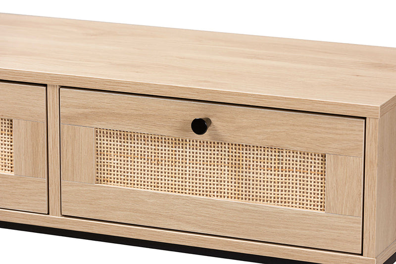 Cosma Light Brown and Black 2-Drawer Console Table w/Woven Rattan Accent Baxton