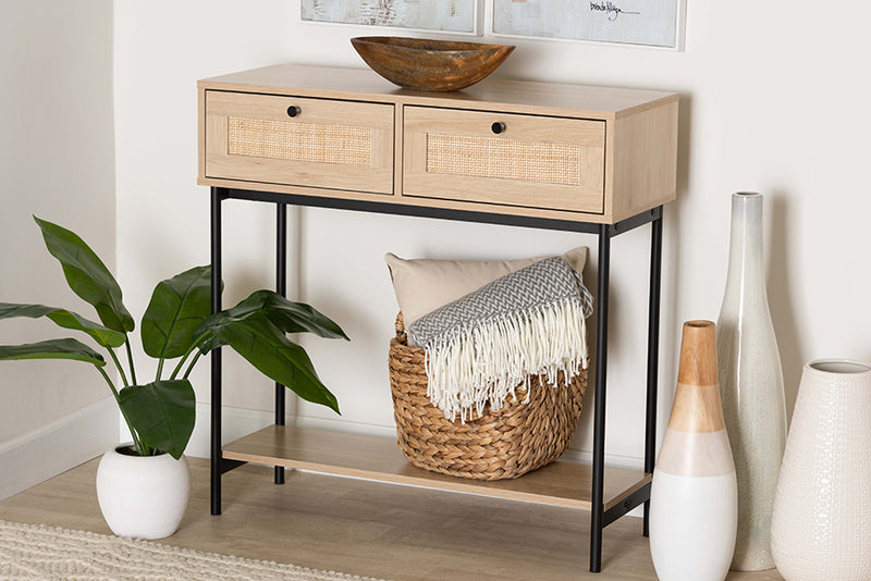 Cosma Mid-Century Modern Light Brown  and Black 2-Drawer Console Table w/Woven Rattan Accent