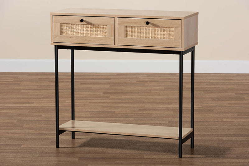 Cosma Light Brown and Black 2-Drawer Console Table w/Woven Rattan Accent Baxton