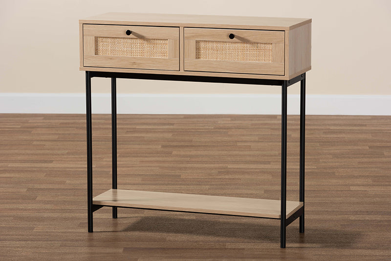 Cosma Mid-Century Modern Light Brown  and Black 2-Drawer Console Table w/Woven Rattan Accent