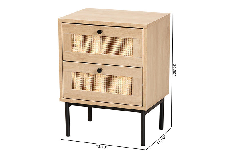 Cosma Light Brown and Black 2-Drawer End Table w/Woven Rattan Accent Baxton