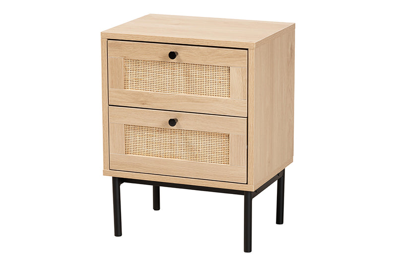 Cosma Mid-Century Modern Light Brown and Black 2-Drawer End Table w/Woven Rattan Accent