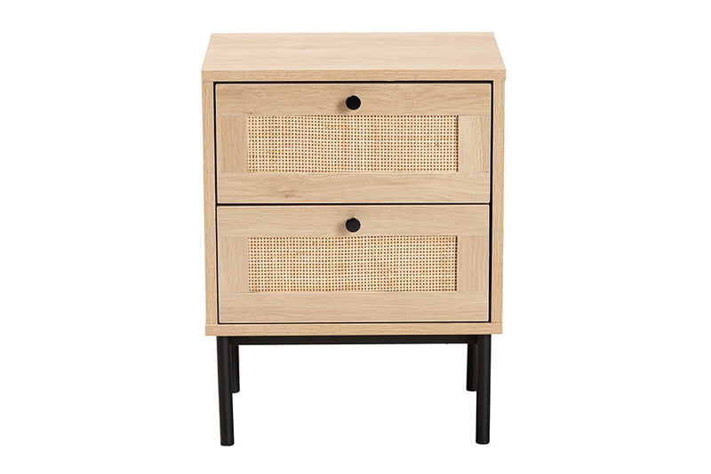 Cosma Light Brown and Black 2-Drawer End Table w/Woven Rattan Accent Baxton