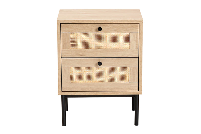 Cosma Mid-Century Modern Light Brown and Black 2-Drawer End Table w/Woven Rattan Accent