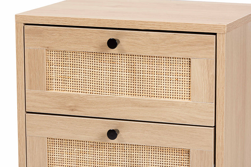 Cosma Light Brown and Black 2-Drawer End Table w/Woven Rattan Accent Baxton