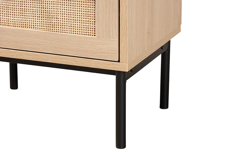 Cosma Light Brown and Black 2-Drawer End Table w/Woven Rattan Accent Baxton