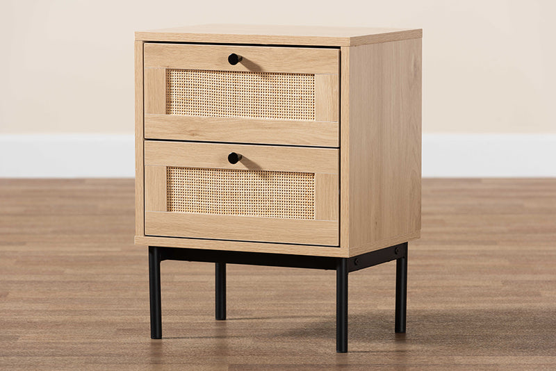 Cosma Mid-Century Modern Light Brown and Black 2-Drawer End Table w/Woven Rattan Accent