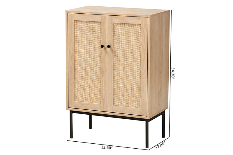Cosma Mid-Century Modern Light Brown and Black 2-Door Storage Cabinet w/Woven Rattan Accent