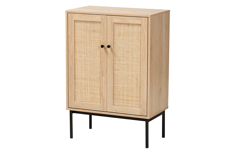 Cosma Light Brown and Black 2-Door Storage Cabinet w/Woven Rattan Accent Baxton