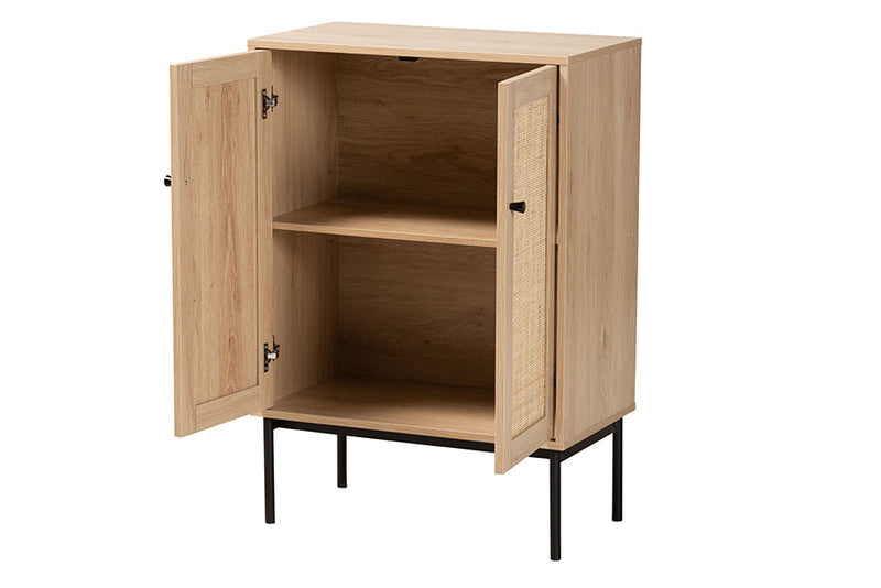 Cosma Light Brown and Black 2-Door Storage Cabinet w/Woven Rattan Accent Baxton