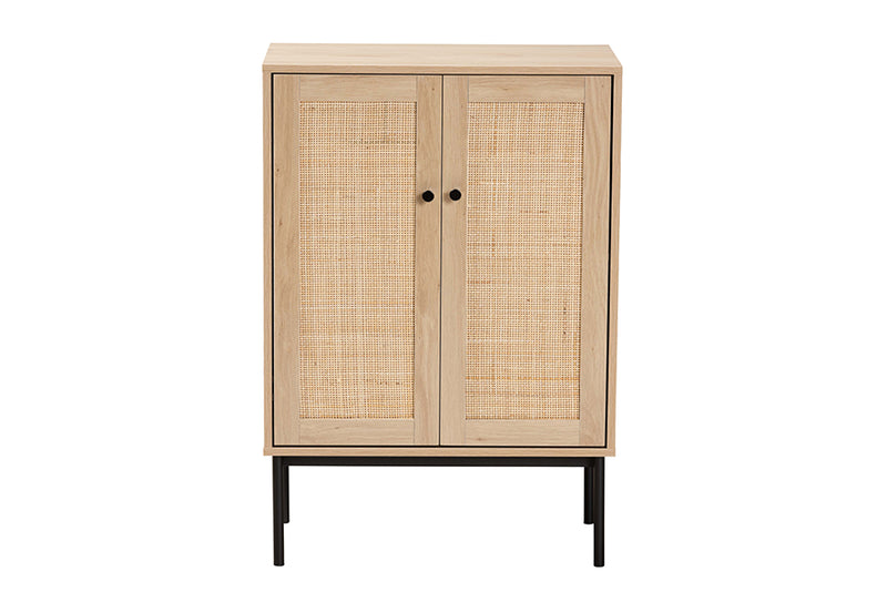 Cosma Mid-Century Modern Light Brown and Black 2-Door Storage Cabinet w/Woven Rattan Accent
