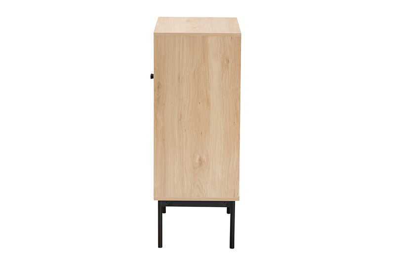 Cosma Mid-Century Modern Light Brown and Black 2-Door Storage Cabinet w/Woven Rattan Accent